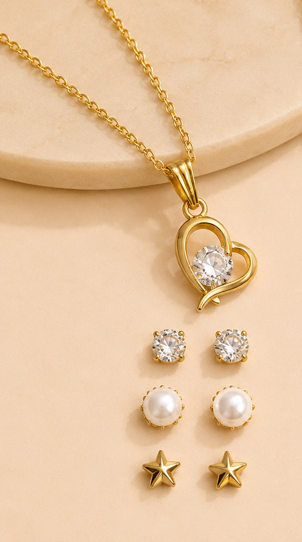 Set Of Heart Shape Female Trending Pendant Necklace With 3 Pairs Of Earrings