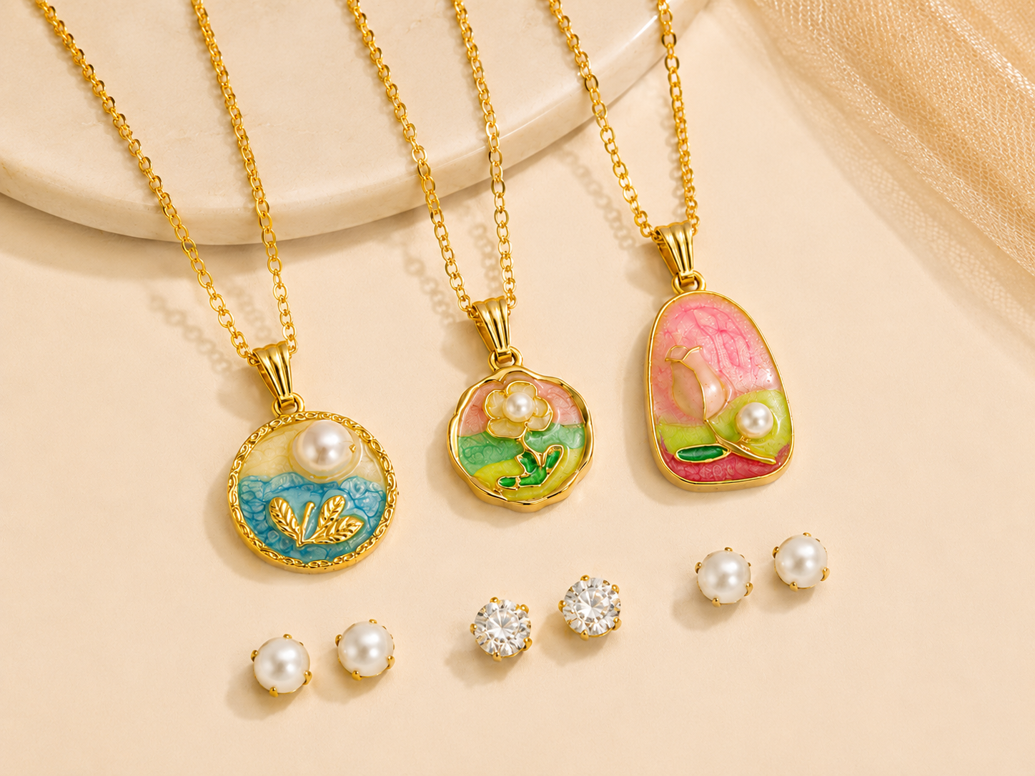 Set Of 3 Pendant Necklace With 3 Free Pairs Of Earrings