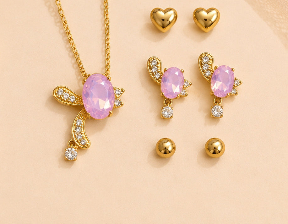 Set Of Beautiful Female Trending Pendant Necklace With 3 Pairs Of Earrings