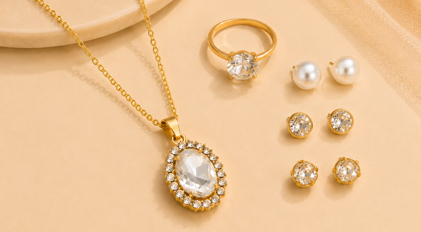 Set Of Elegant Pendant Necklace With 3 Pairs Of Earrings And A Free Ring